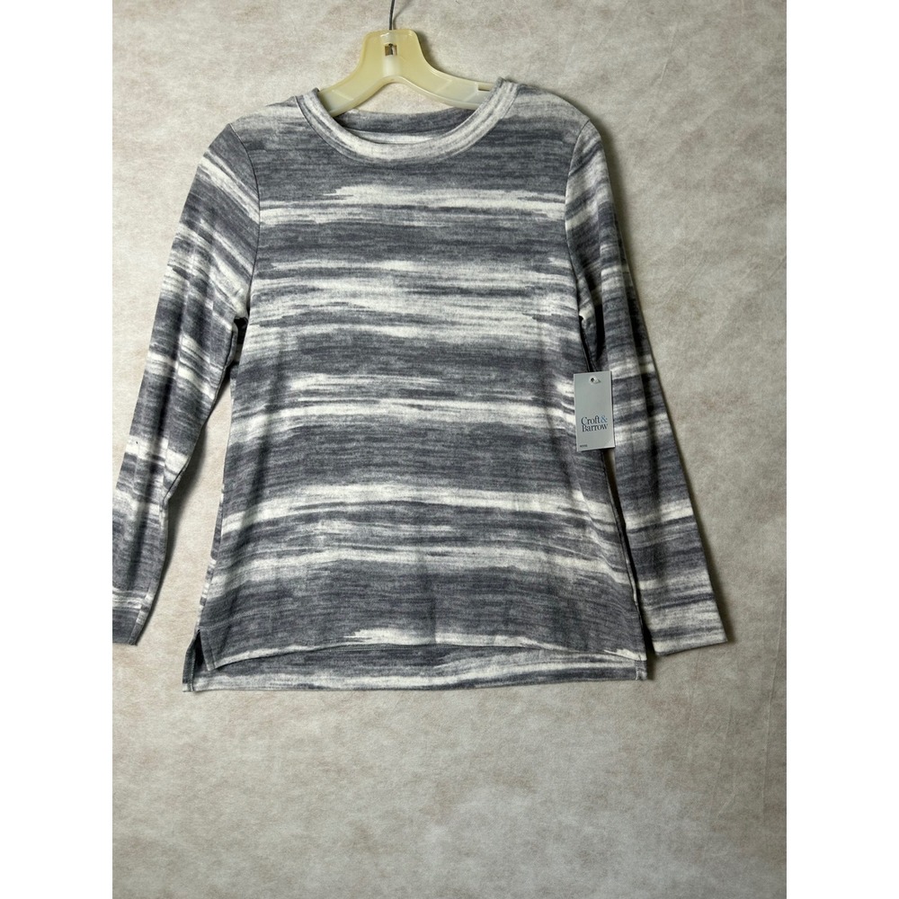 Croft & Barrow Extra Cozy Grey Striped Long‎ Sleeve Top Petite XS New